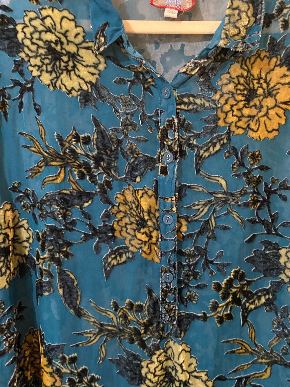 Johnny Was Teal Blue Floral Sheer Button-Up Blouse - Picture 4 of 9